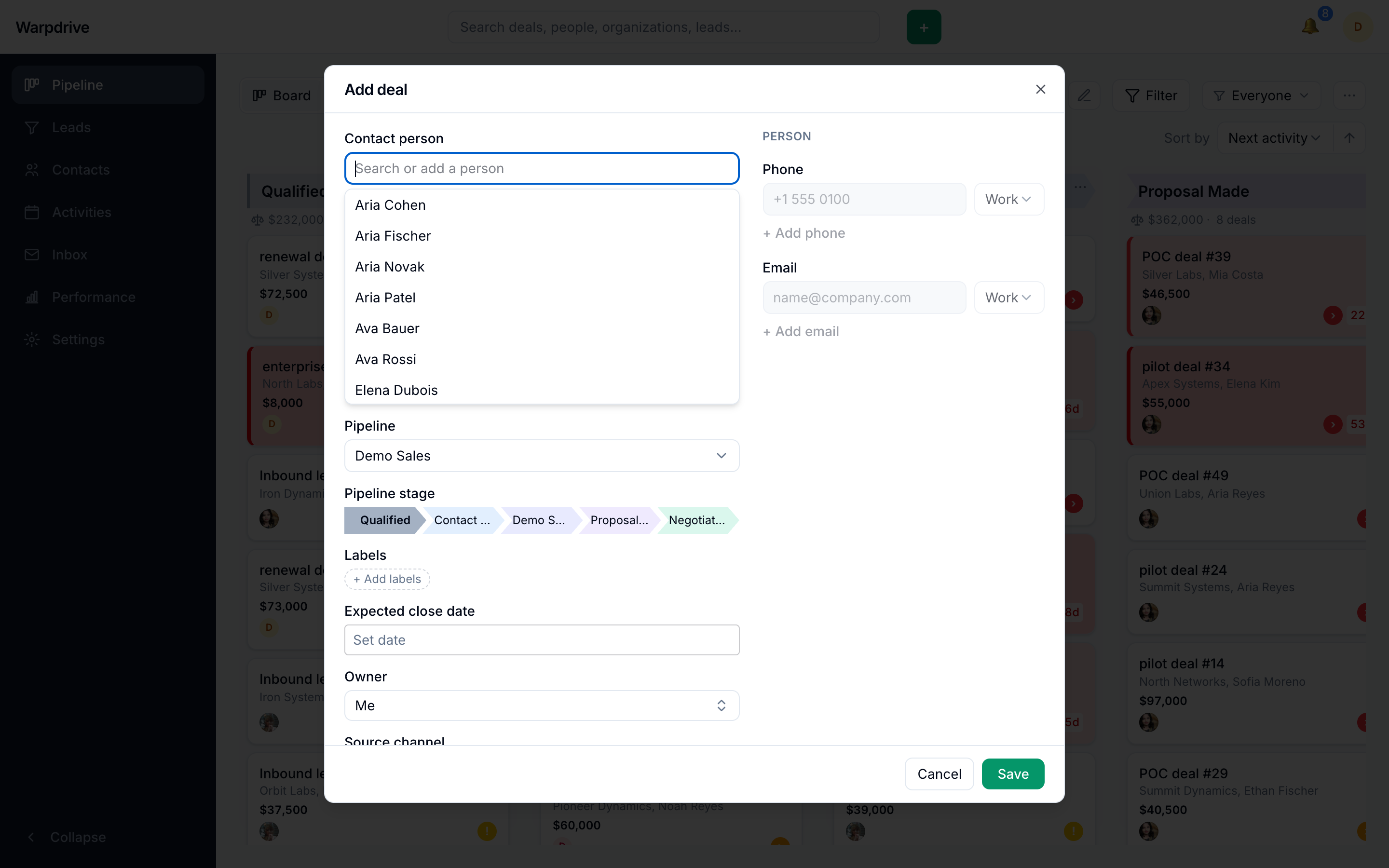The Add deal dialog, with the contact autocomplete open