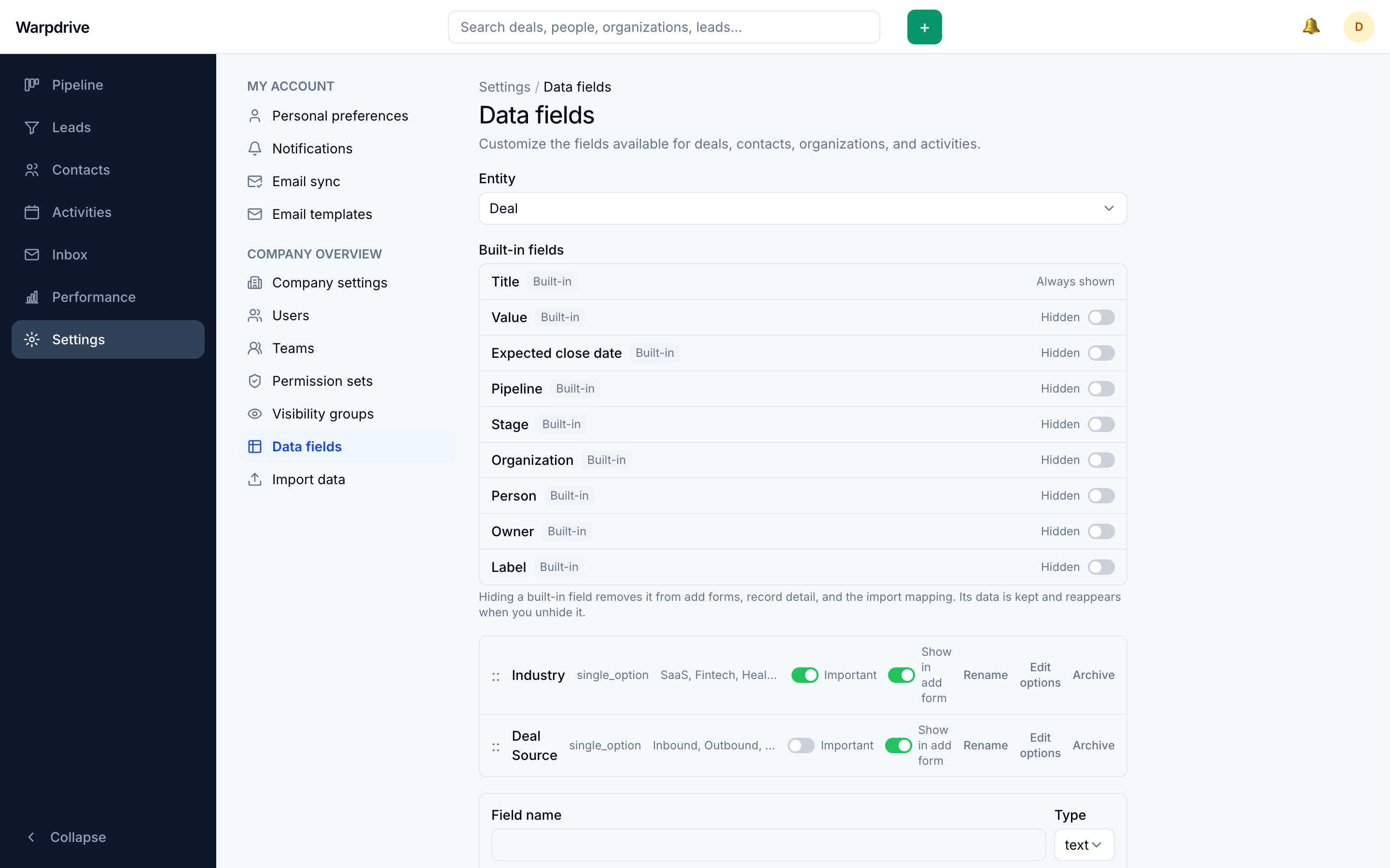 Data fields settings