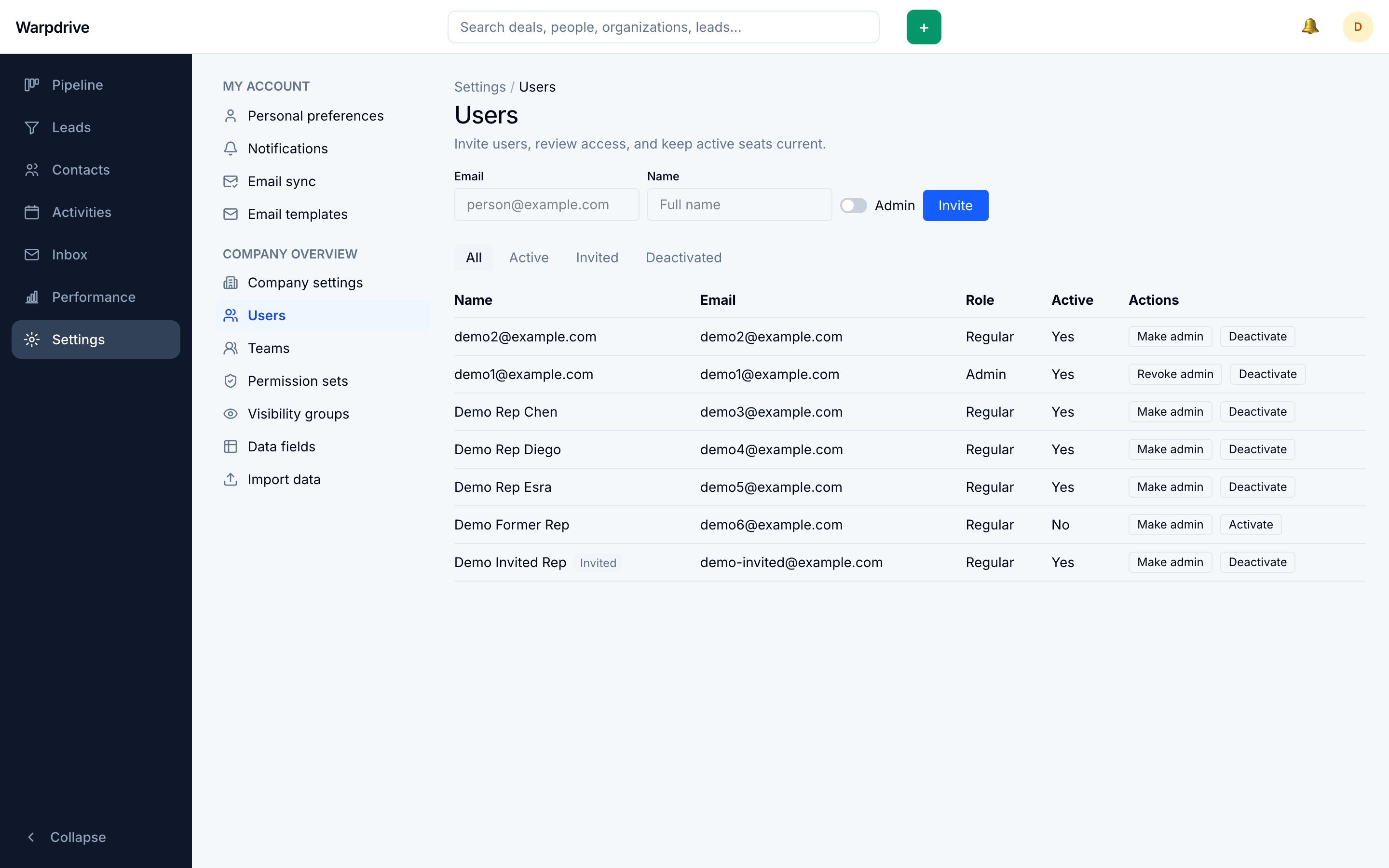The users list, showing active, invited, and deactivated accounts